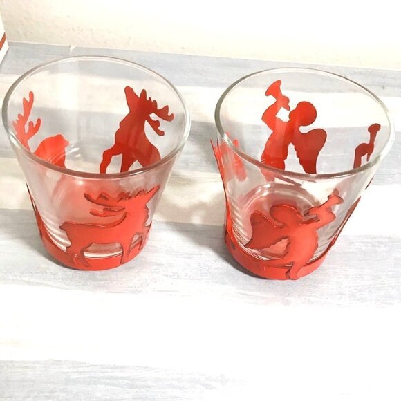 Vintage Red Metal Reindeer & Angel Glass Candle Holder Set Holiday Décor - Picture 2 of 6